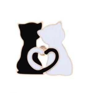 Black and White Cat Heart Tails Pin Brooch